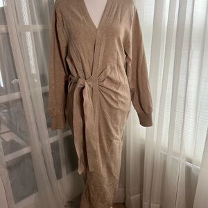 Elegant Tan V-Neck Sweater Dress